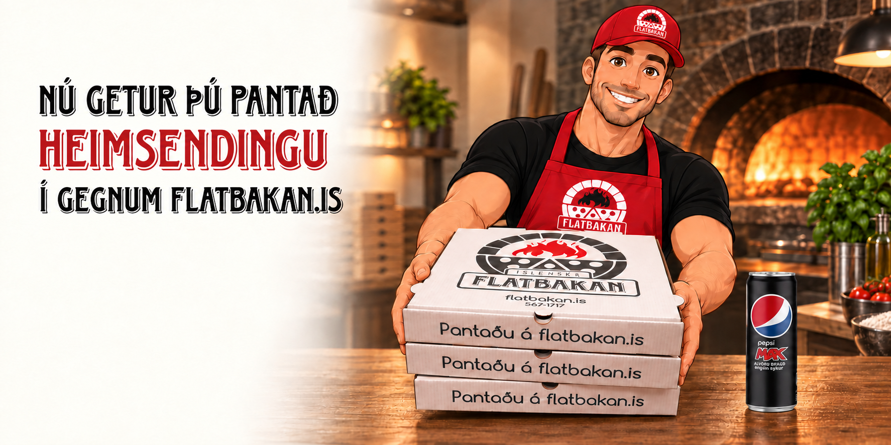 Nú getur þú pantað heimsendingu í gegnum flatbakan.is – starfsmaður Flatbökunnar réttir fram þrjár pizzur í kassa við steinofninn