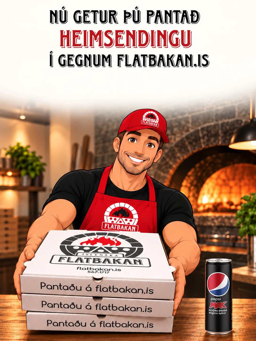 Nú getur þú pantað heimsendingu í gegnum flatbakan.is – starfsmaður Flatbökunnar réttir fram þrjár pizzur í kassa við steinofninn